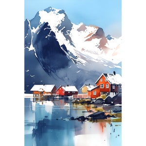 Bergen Norway Poster Watercolor Travel Print Norwegian Fjords Painting Norwegian Mountain Artwork Nature Wall Art Scandinavian Wall Decor