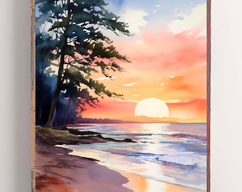 Ogden Dunes Sunset Art Print Lakeshore Watercolor Painting Indiana Wall Art Beach Lake Landscape Print Lake Michigan Travel Poster