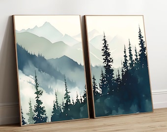Smoky Mountains Set of 2 Watercolor Prints Appalachian Mountains Landscape Wall Art Mountain Forest Painting Neutral Green Wall Art