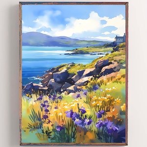Achill Island Painting Ireland Watercolor Print Wildflowers Wall Art Irish Coastal Landscape Seascape Artwork Ireland Coastline Poster
