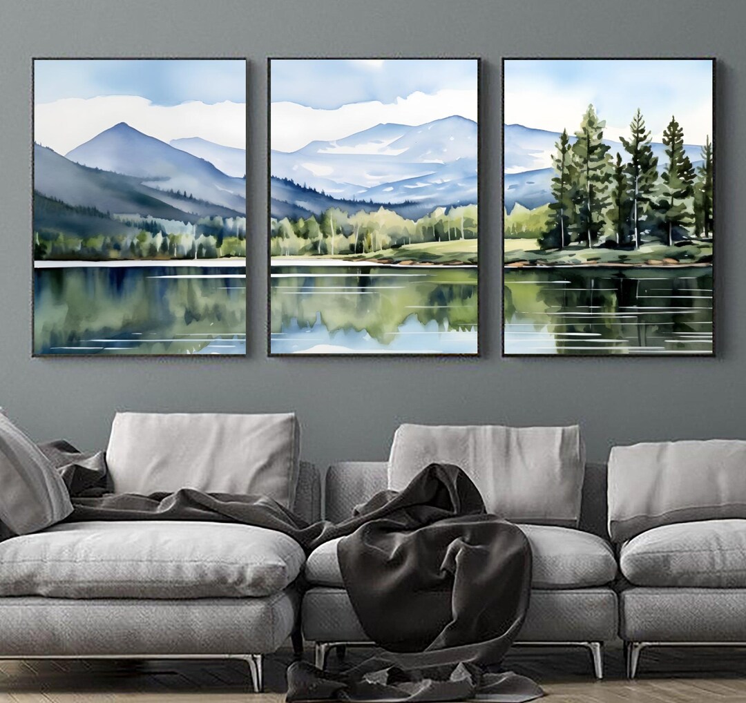 Set of 3 Prints Mountain Lake Wall Art Panoramic Landscape Pine Forest ...