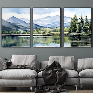 Set of 3 Prints Mountain Lake Wall Art Panoramic Landscape Pine Forest Art Print Watercolor Minimalist Painting