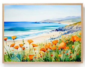 California poppy print wildflower watercolor painting poppies field art blue orange yellow poster floral landscape wall art