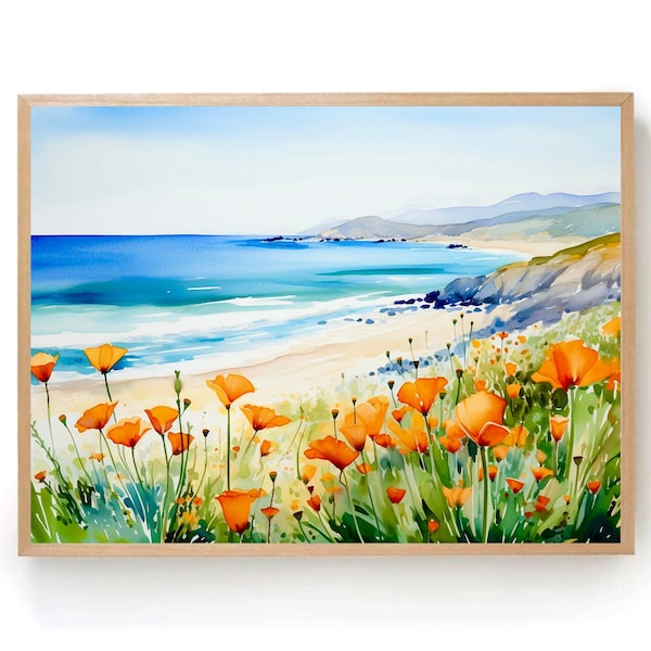 California poppy print wildflower watercolor painting poppies field art blue orange yellow poster floral landscape wall art