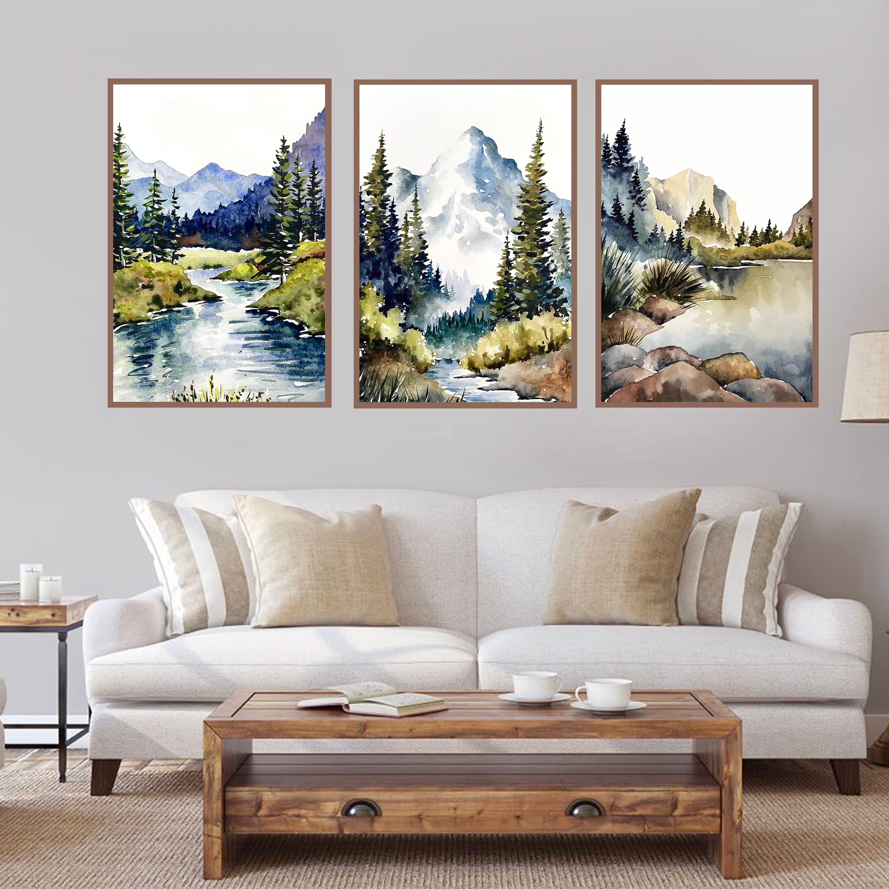 Set of 3 Mountain River Prints Watercolor Large Painting Mountain ...