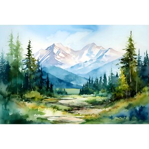 Colorado Mountains Painting Pine Forest Watercolor Misty Forest Art Print Panoramic Landscape Neutral Large Watercolor
