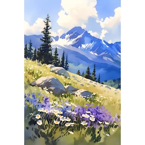 Bald  Mountain Watercolor Painting Green Field Art Print Wildflowers Landscape Painting Idaho Travel Poster Nature Hiking Gift