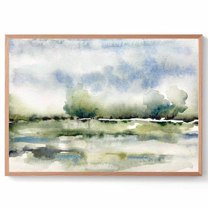 Abstract Blue Green Landscape Watercolor Print Panoramic Watercolour Savannah Wall Art Extra Large Grassland Panorama Oversize Watercolor