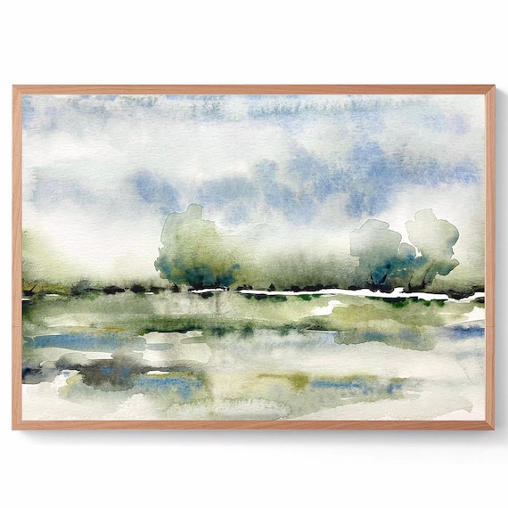 Abstract Blue Green Landscape Watercolor Print Panoramic Watercolour Savannah Wall Art Extra Large Grassland Panorama Oversize Watercolor