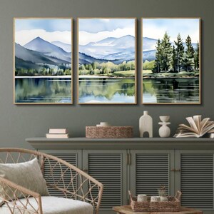 Set of 3 Prints Mountain Lake Wall Art Panoramic Landscape Pine Forest ...