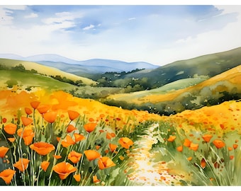 California Poppy Painting Tehachapi Mountains Print Poppy Field Poster Wildflowers Wall Art Meadow Artwork Floral Painting