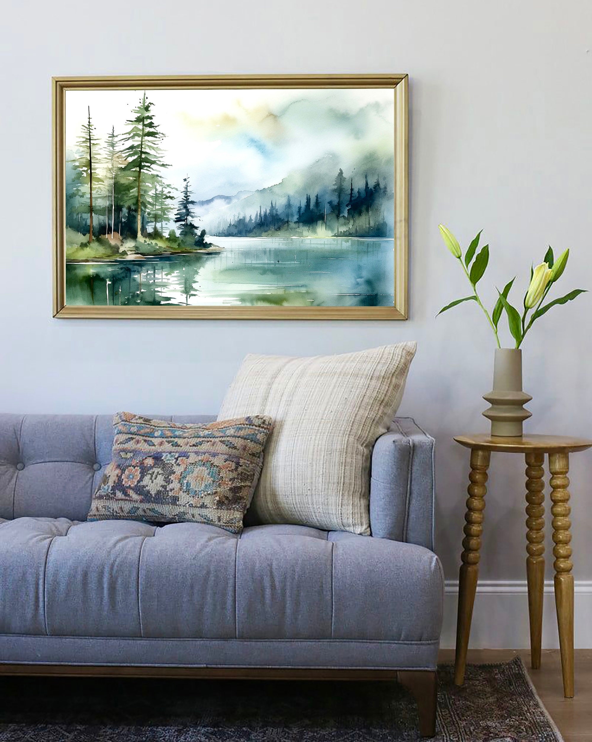 Sunrise Forest Lake Print Blue Green Watercolor Painting Pine Tree Wall ...
