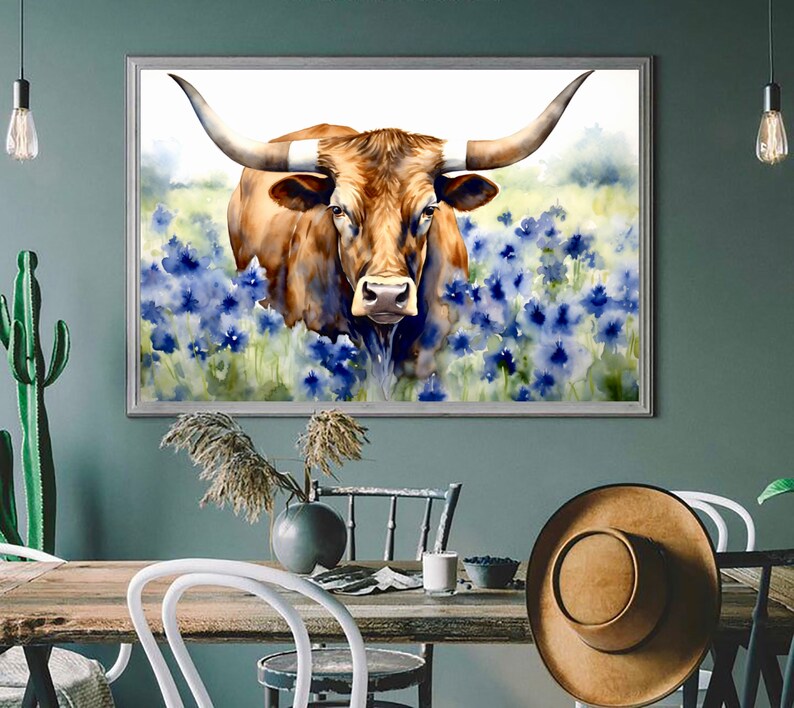 Texas Longhorn Cow Print Watercolor Wall Art Hill Country Bluebonnet ...