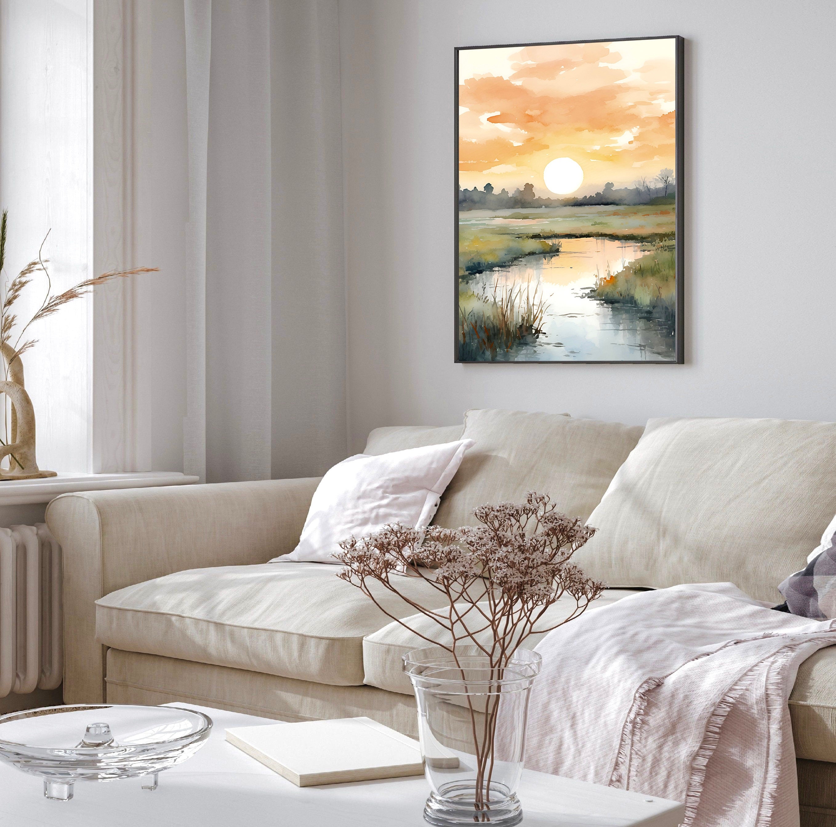 Sunrise Watercolor Print Large Neutral Painting Yellow Green