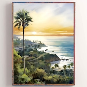 San Diego Beach Sunset Print Watercolor Coastal Painting Southern California Seascape Artwork West Coast Ocean Print Seaside Landscape