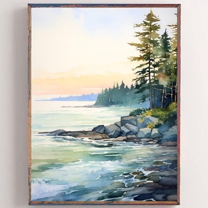 Mountain River Landscape Watercolor Painting Idaho Kootenai River Art Pine Tree Wall Art Light Blue Green Art Print Misty Mountain Poster