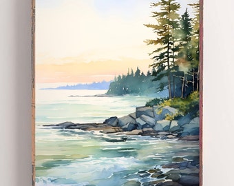 Mountain River Landscape Watercolor Painting Idaho Kootenai River Art Pine Tree Wall Art Light Blue Green Art Print Misty Mountain Poster