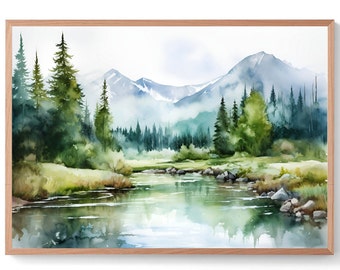 Appalachian Mountains Watercolor Painting New River Art West Virginia Landscape Print Pine Forest Artwork