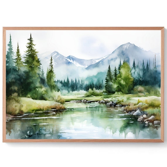 Appalachian Mountains Watercolor Painting New River Art West Virginia Landscape Print Pine Forest Artwork