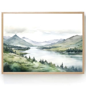 Columbia River Print Washington Watercolor Painting Mountain River Wall Art Oregon Landscape Panoramic Print Foggy Forest Fine Art Print