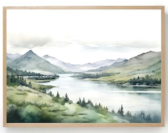 Columbia River Print Washington Watercolor Painting Mountain Wall Art Oregon Landscape Art