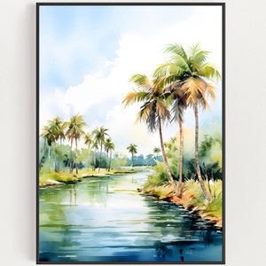 Florida River Painting Watercolor Art Everglades National Park Cypress Trees Wall Decor Warm Neutral Landscape River of Grass Travel Gift