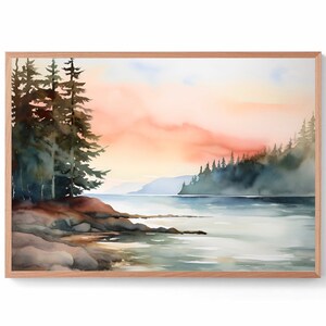 Coeur d’Alene Lake Painting Mountain Lake Watercolor Panoramic Landscape Minimalist Wall Art Pink Brown Poster Large Nature Art Print