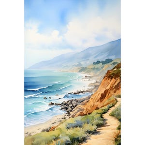 Point Mugu California Coast Watercolor Print Coastal Wall Art Panoramic Landscape Colorful Beach Painting Big Sur Travel Art Surfers Gift