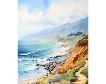 Point Mugu California Coast Watercolor Print Coastal Wall Art Panoramic Landscape Colorful Beach Painting Big Sur Travel Art Surfers Gift