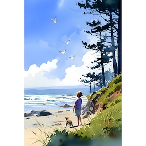 Long Beach Painting Watercolor Art Print Forest Ocean Poster Shoreline Wall Art Washington Landscape Art Ocean Park Travel Gift