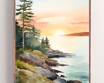 May include: A watercolor painting of a sunset over a rocky coastline with a few pine trees in the foreground. The sky is a vibrant orange and pink, and the water is a calm blue.