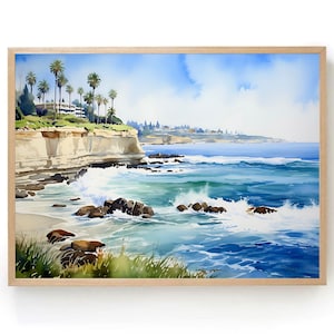 California Coast Art Ocean Watercolor Print Large Panoramic Wall Art San Diego Poster La Jolla California Travel Print Palm Tree Decor