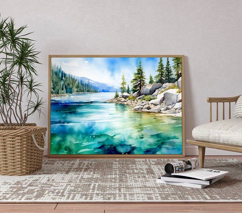 Lake Tahoe Wall Art Sunset Lake Watercolor Painting Large Fine Art