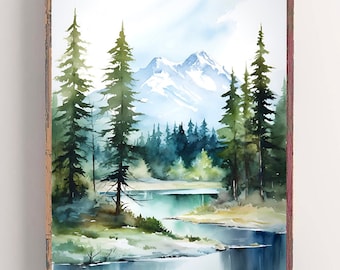 Rocky mountains art large watercolor painting pine tree wall art panoramic landscape print