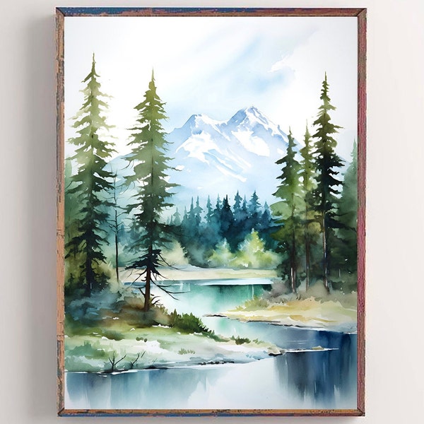 Rocky mountains art large watercolor painting pine tree wall art panoramic landscape print mountain forest poster blue green wall decor