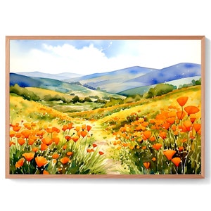 California Poppy Print Large Watercolor Painting Boho Floral Art Poppy Fields Landscape California Travel Poster Farmhouse Botanical Print