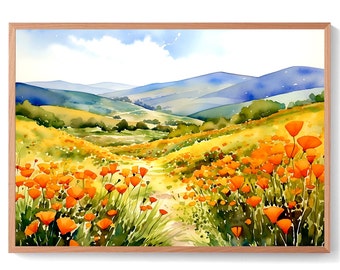 Può includere: Un dipinto ad acquerello di un campo di papaveri arancioni in una valle con dolci colline verdi sullo sfondo. Il cielo è blu con nuvole bianche.