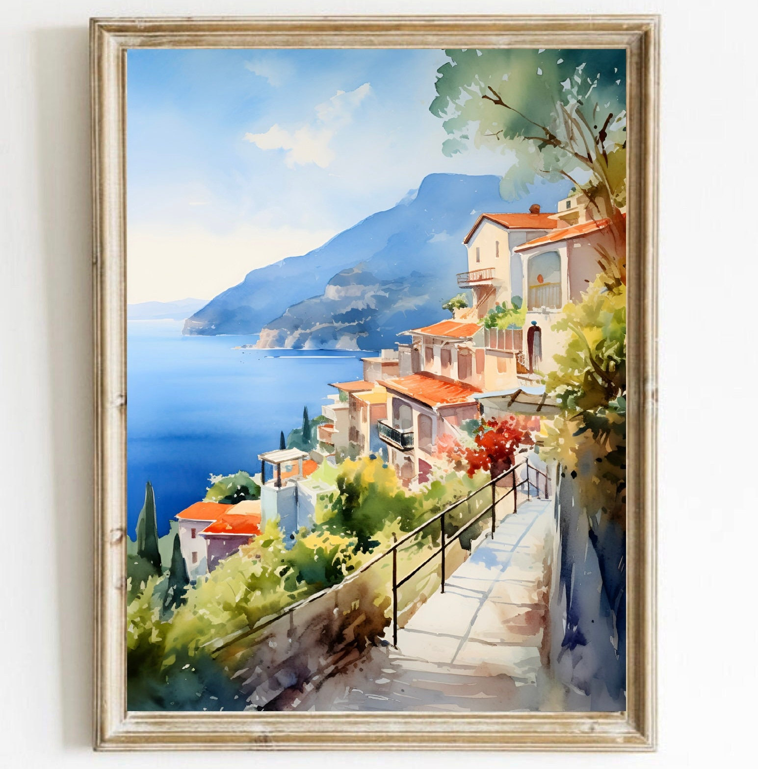 Sorrento Italy Painting Watercolor Coastal Wall Art Amalfi Coast