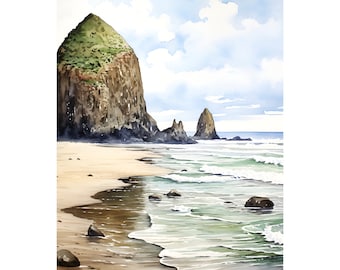 Cannon Beach Oregon Coast Print Haystack Rock Art Oregon Landscape Painting Watercolor Art Print Coastal Wall Art