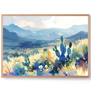 Big Bend National Park Print Colorful Cactus Landscape Painting Western Texas Decor Yucca Agave Wall Art Midcentury Watercolor Art