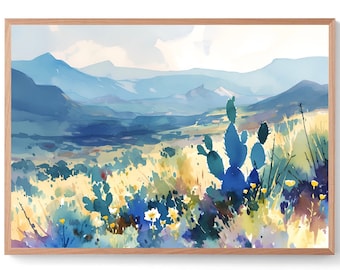 Big Bend National Park Print Colorful Cactus Landscape Painting Western Texas Decor Yucca Agave Wall Art Midcentury Watercolor Art