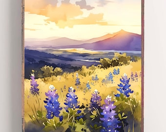Texas Bluebonnet Painting Floral Wall Art Spring Wildflowers Watercolor Art Davis Mountains Giclee Print Large Painting Texas Wall Decor