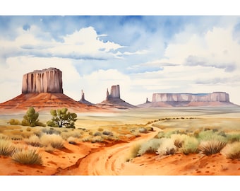 Monument Valley Watercolor Art Print, Utah Landscape Poster
