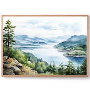Columbia River Gorge Watercolor Art Print Oregon Mountain River Panoramic Landscape Wall Art Evergreen Forest Painting Blue Green Poster