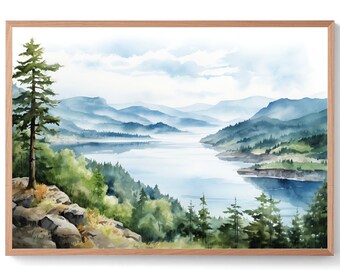 Columbia River Gorge Watercolor Art Print Oregon Mountain River Panoramic Landscape Wall Art Evergreen Forest Painting Blue Green Poster