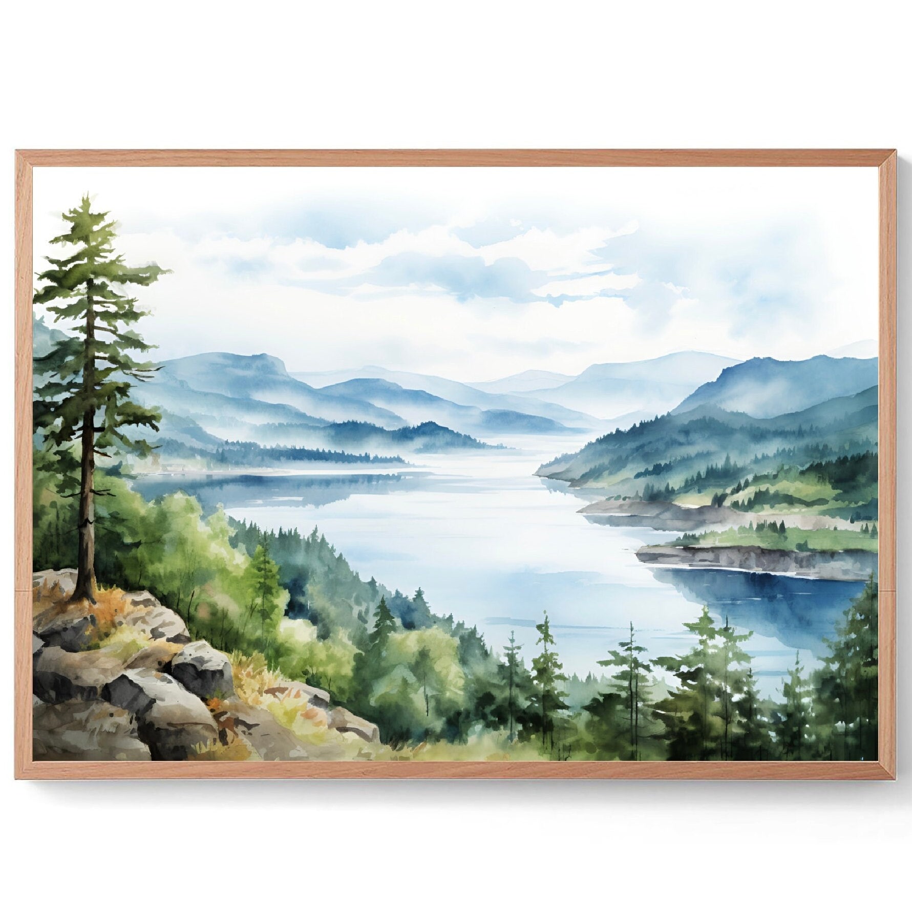 Columbia River Gorge Watercolor Art Print Oregon Mountain River