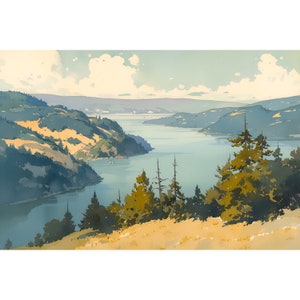 Columbia River Wall Art Watercolor Painting Forest River Art Print Panoramic Landscape Print Pine Tree Wall Art Washington Travel Poster