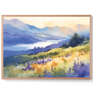 Colorado River Painting Texas Landscape Watercolor Mountain River Art Print Green Blue Sunrise Art Texas Travel Poster
