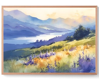 Colorado River Painting Texas Landscape Watercolor Mountain River Art Print Green Blue Sunrise Art Texas Travel Poster