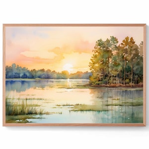 Sunrise Forest Lake Print South Carolina Watercolor Painting Lake Wylie Landscape Panoramic Wall Art Minimalist Art Prints